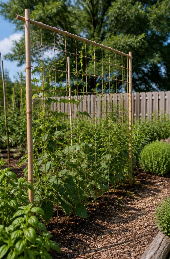 Pole Bean Support Ideas: Stakes, Frames, Panels and More 4 String trellis constructed from biodegradable jute twine between garden poles.