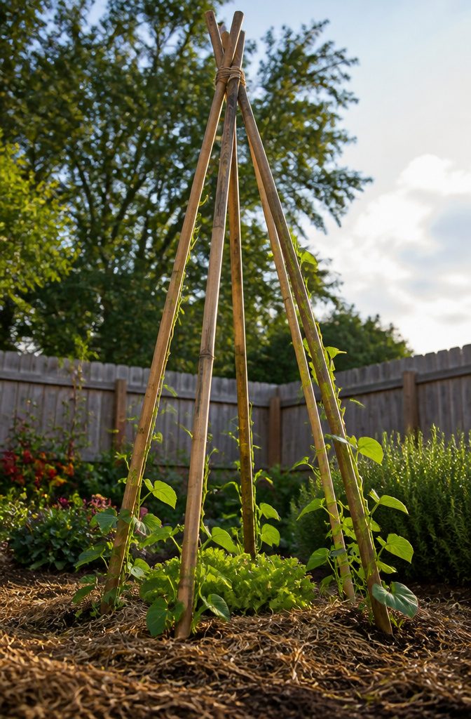 Pole Bean Support Ideas: Stakes, Frames, Panels and More 1 Bamboo poles arranged in a teepee shape for pole bean support.