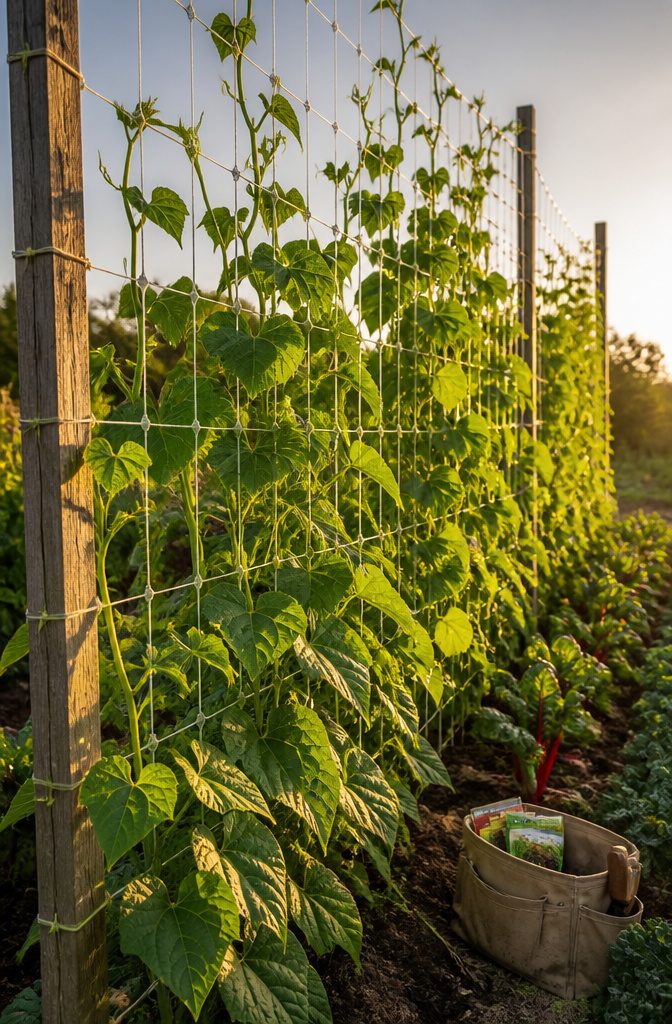 Pole Bean Support Ideas: Stakes, Frames, Panels and More 7 Nylon netting stretched between garden poles for climbing pole beans.