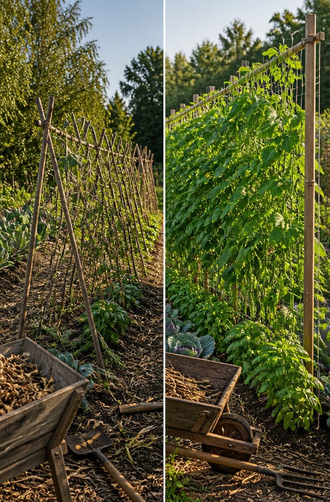 Pole Bean Support Ideas: Stakes, Frames, Panels and More 8 Pole beans growing vertically on a support structure in a garden.