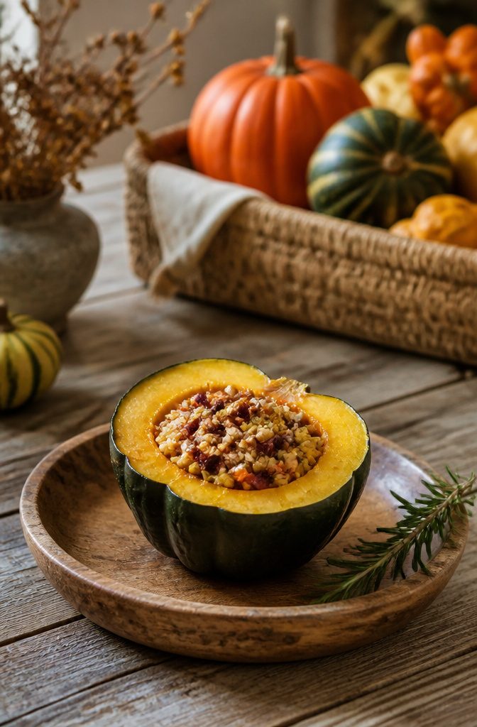 Stuffed Squash Recipe - How to Make Stuffed Squash (2026) 5 Halved acorn squash on a rustic wooden plate.