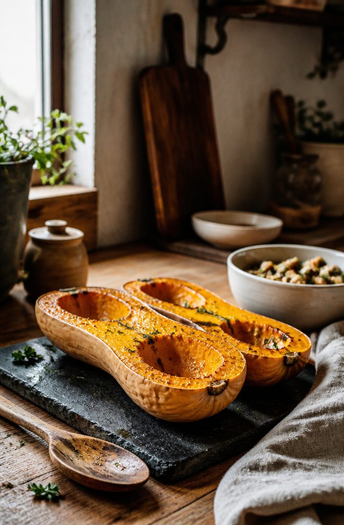 Stuffed Squash Recipe - How to Make Stuffed Squash (2026) 6 Halved butternut squash on a rustic slate board.