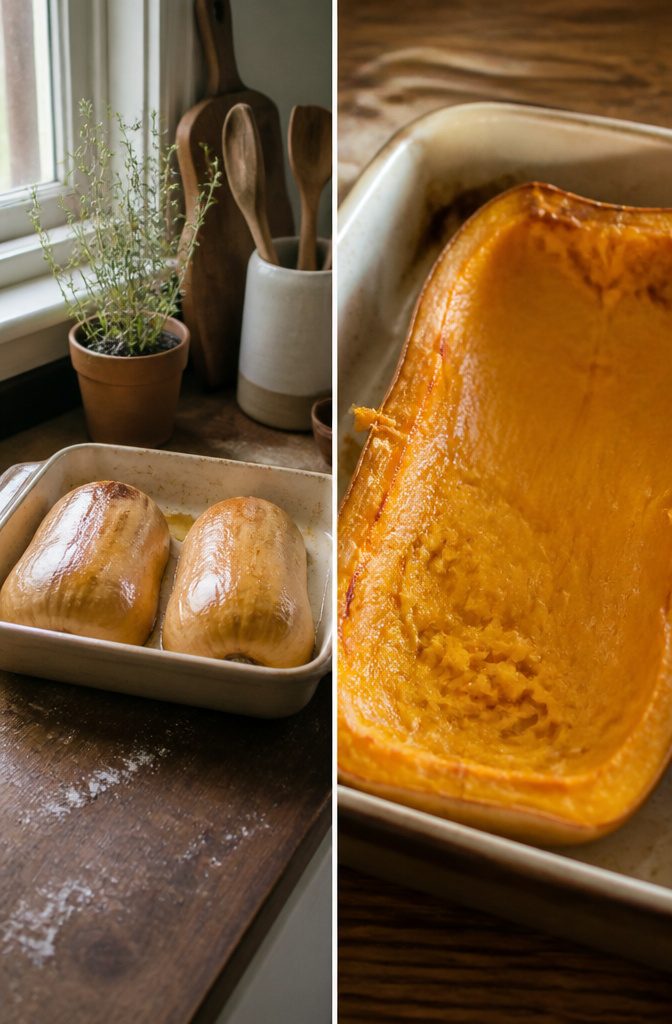 Squash halves cut-side-down in a baking dish with water.