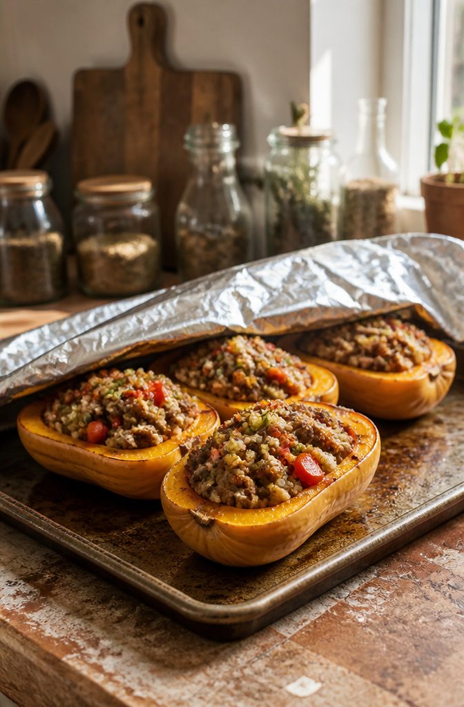 Stuffed squash halves on a baking sheet ready for baking.