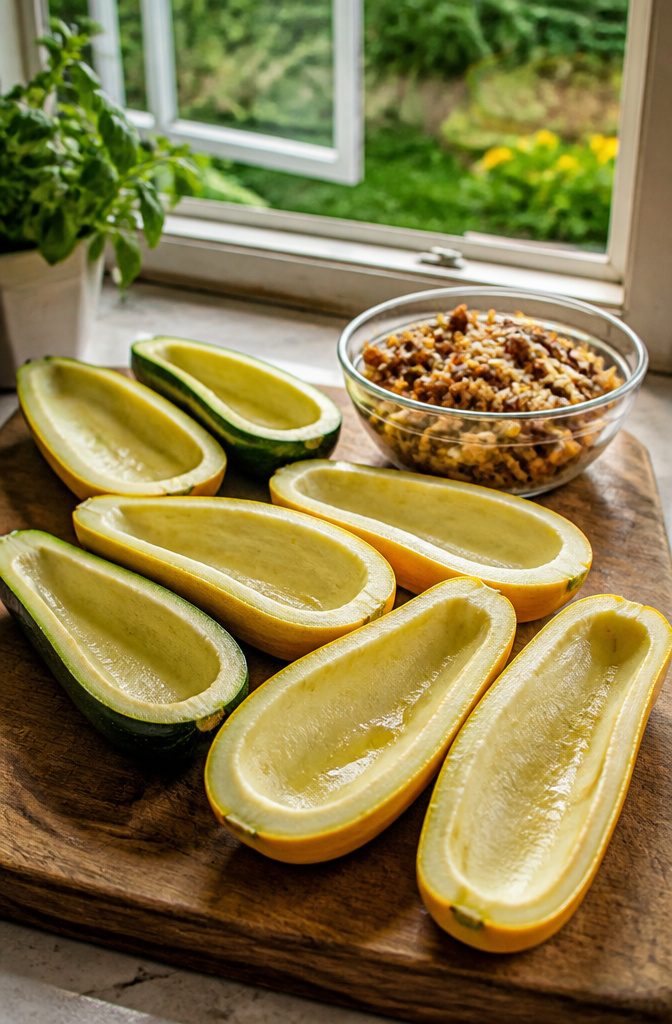 Halved summer squash and zucchini on a cutting board.