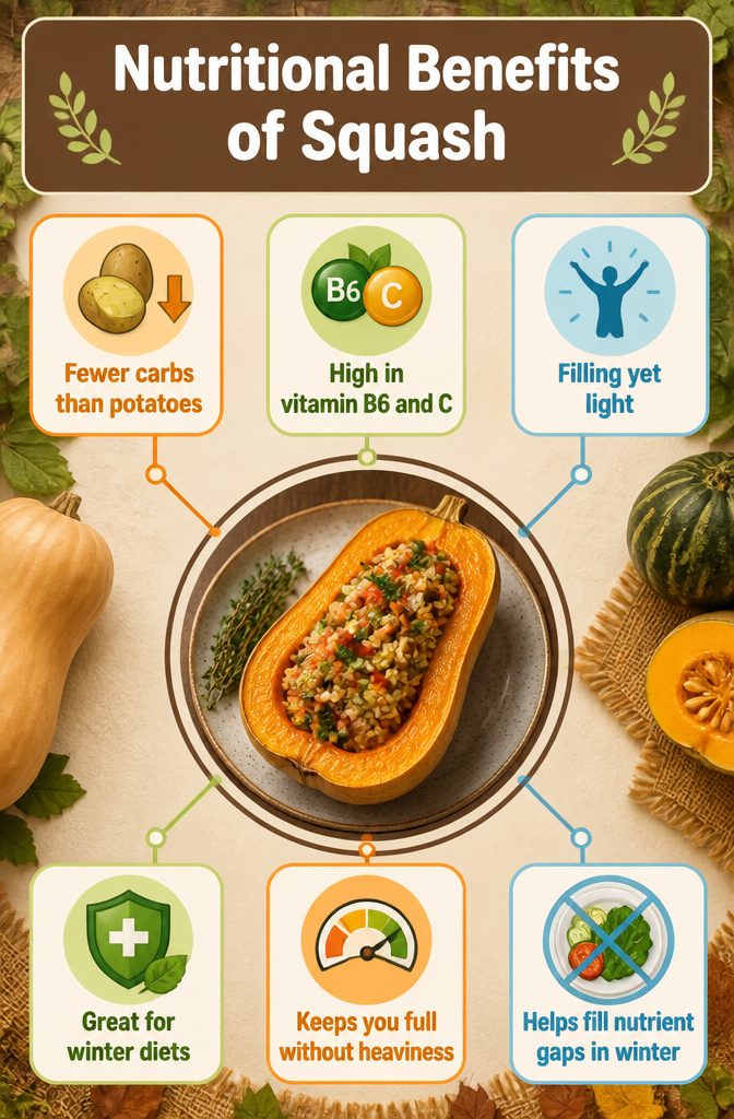 Stuffed Squash Recipe - How to Make Stuffed Squash (2026) 12 Nutritional information about squash displayed on a graphic.