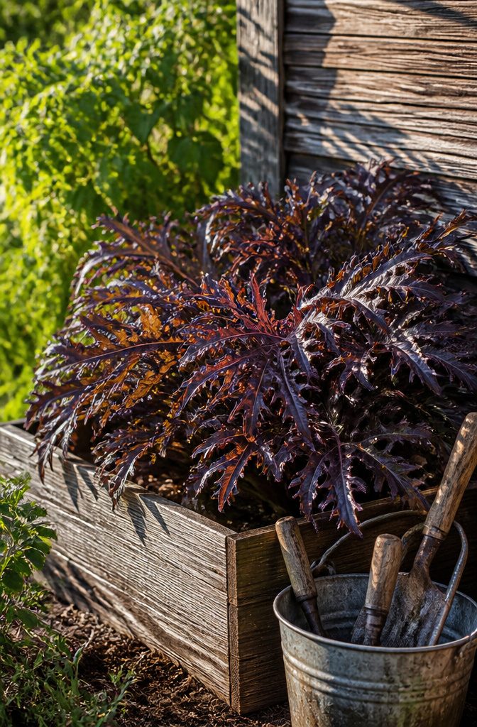 Red Lettuce Varieties for the Garden and Kitchen 8 Galactic lettuce with deep incised leaves in a planter.