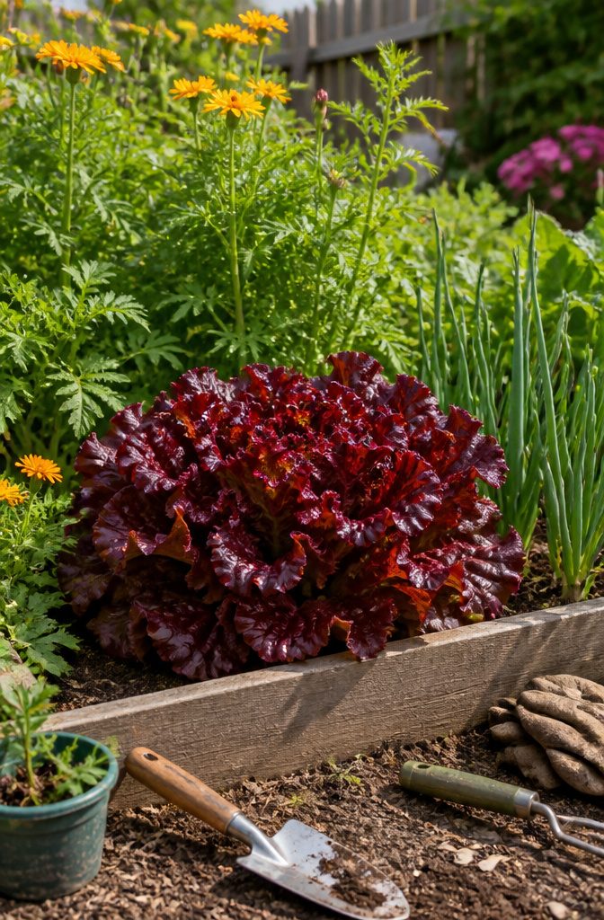 Red Lettuce Varieties for the Garden and Kitchen 4 Intense red New Red Fire lettuce leaves growing in a garden bed.