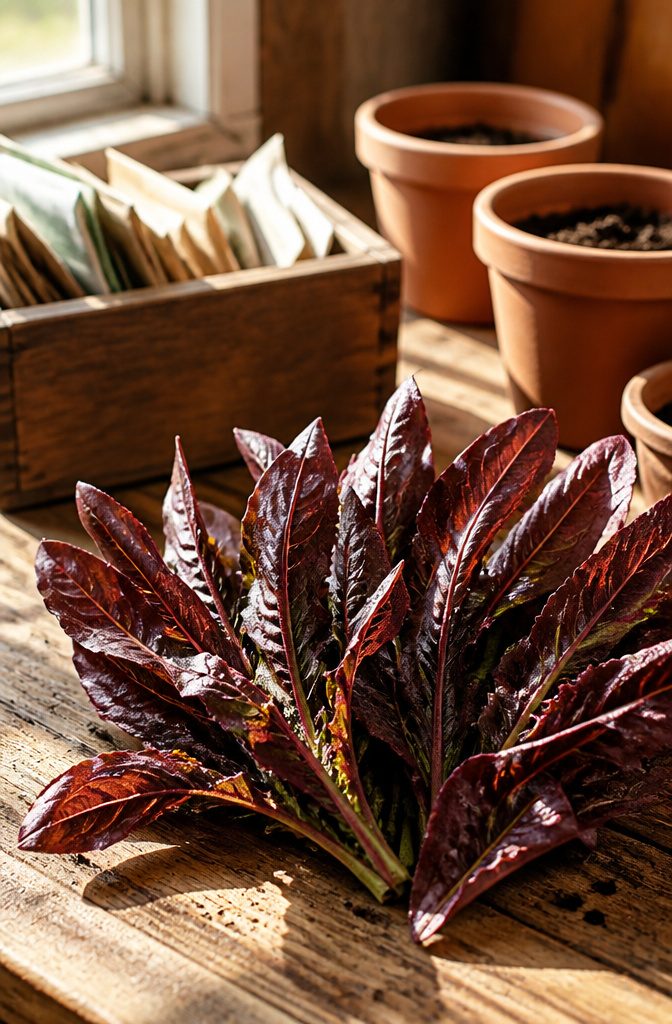 Red Lettuce Varieties for the Garden and Kitchen 3 Long, pointed Red Deer Tongue lettuce leaves on a wooden table.