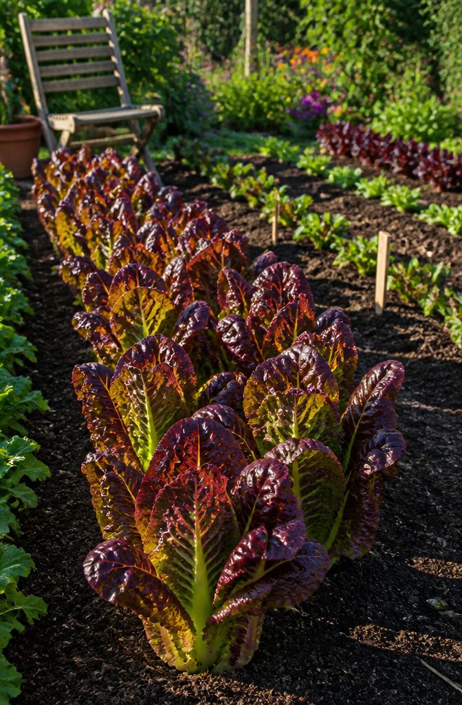 Red Lettuce Varieties for the Garden and Kitchen 6 Tall Red Romaine lettuce with crinkled leaves in a garden.