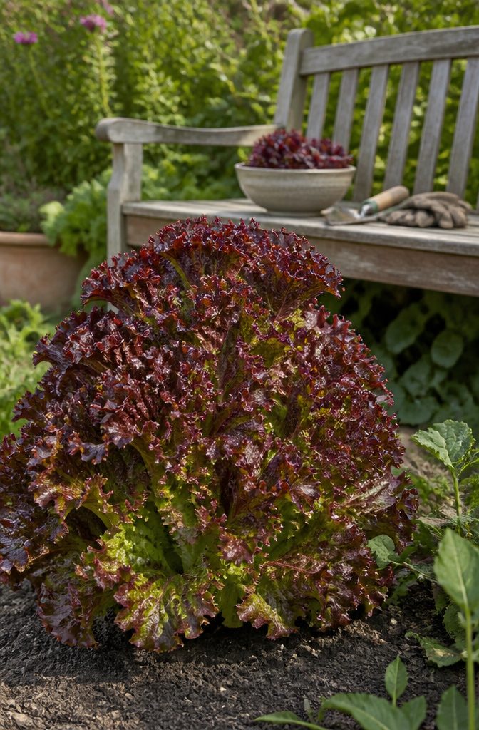 Red Lettuce Varieties for the Garden and Kitchen 1 Frilly Red Sails lettuce with deep burgundy leaves in a garden.