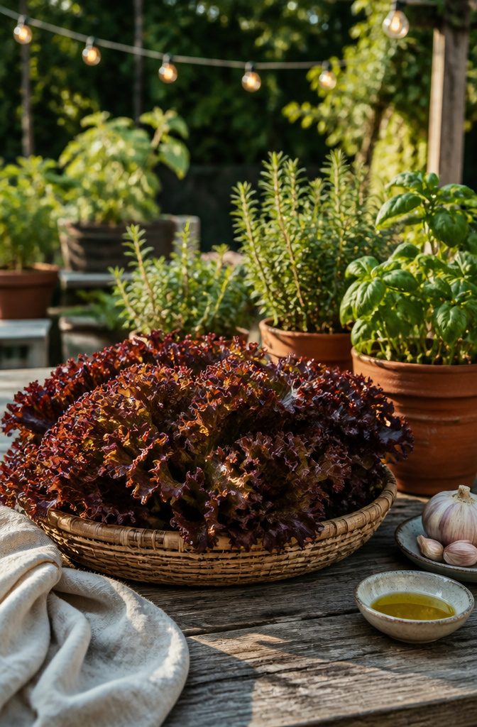 Red Lettuce Varieties for the Garden and Kitchen 7 Shallow basket filled with Red Salad Bowl lettuce leaves.