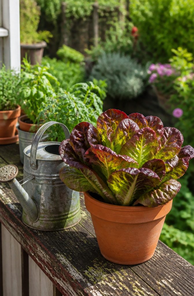 Red Lettuce Varieties for the Garden and Kitchen 2 Ruby Gem lettuce in a six-inch terracotta pot on a balcony railing.