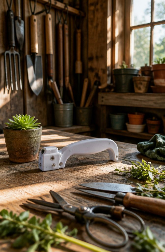 AccuSharp Blade Sharpener on a workbench surrounded by gardening tools.