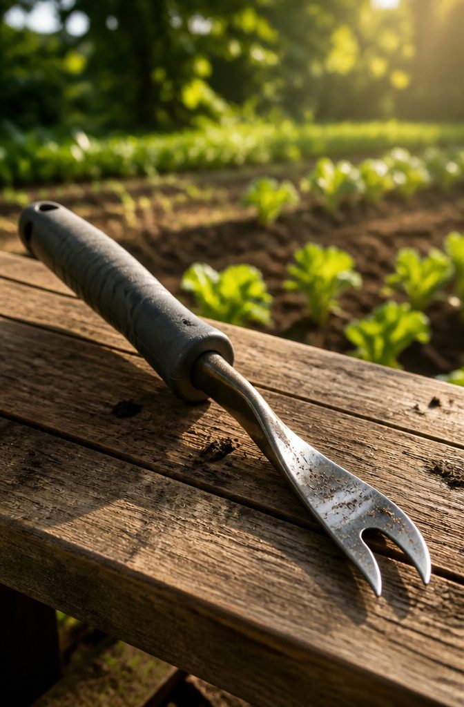 CobraHead Weeder and Cultivator with a sharp steel blade on a wooden surface.
