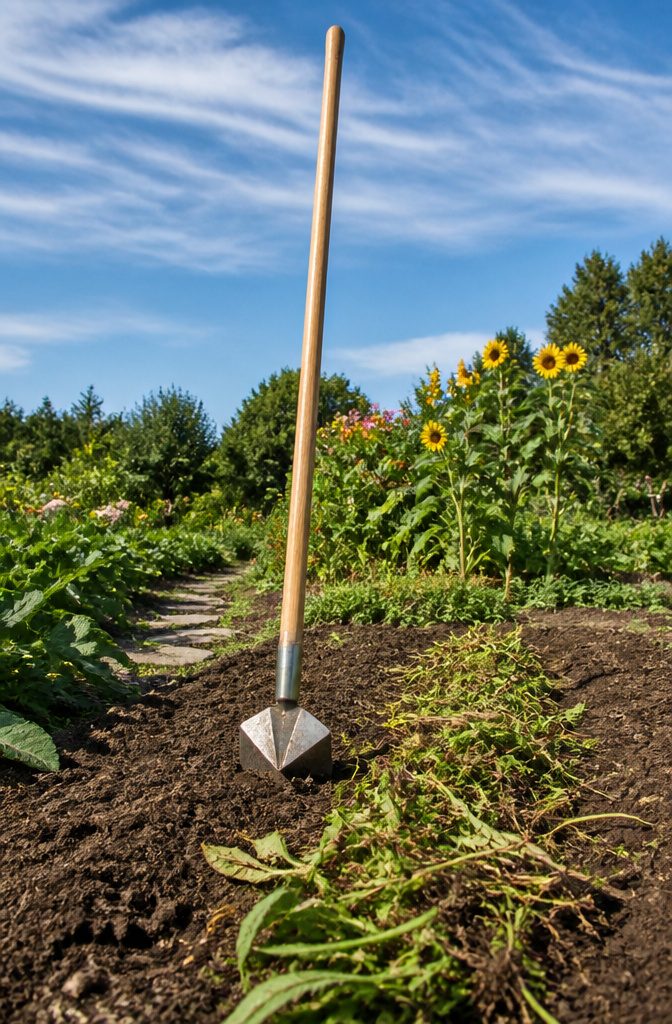 Diamond Hoe with a long shaft and a sharp blade resting on the ground.