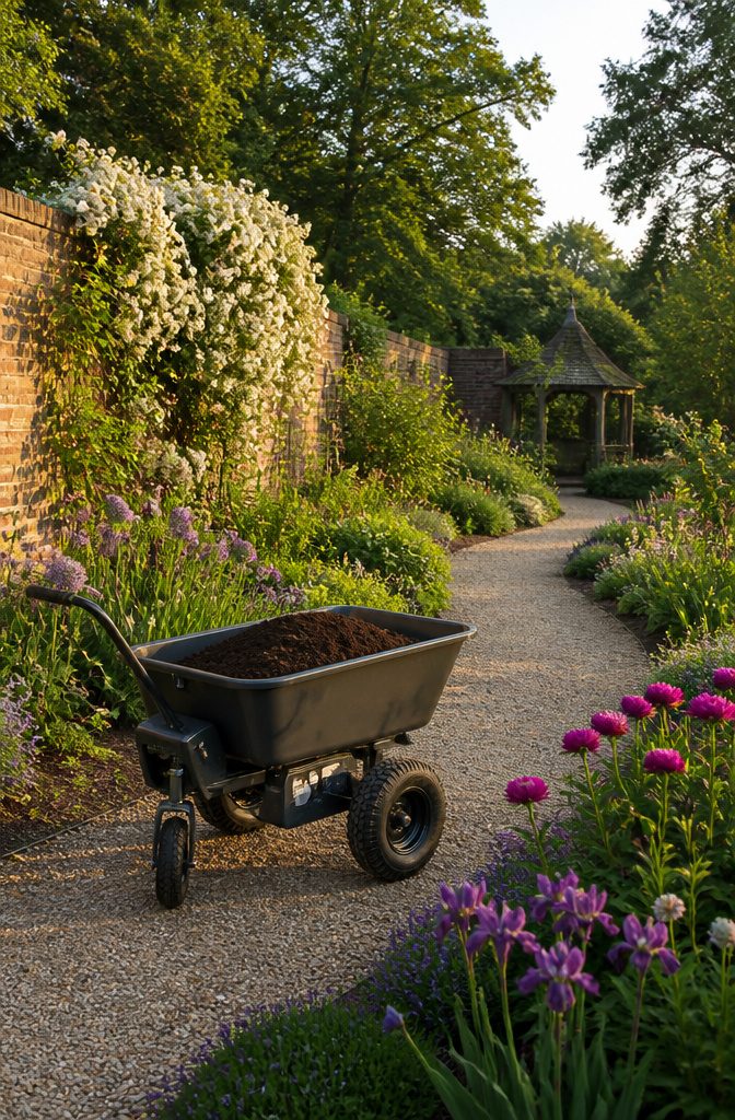 Electric wheelbarrow with a steel frame and pneumatic tires on a garden path.