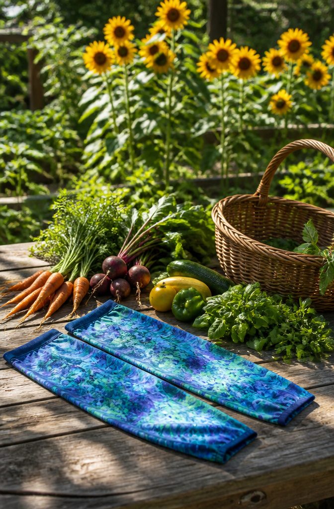 Farmers Defense sleeves laid out on a surface, showcasing their fabric and design.