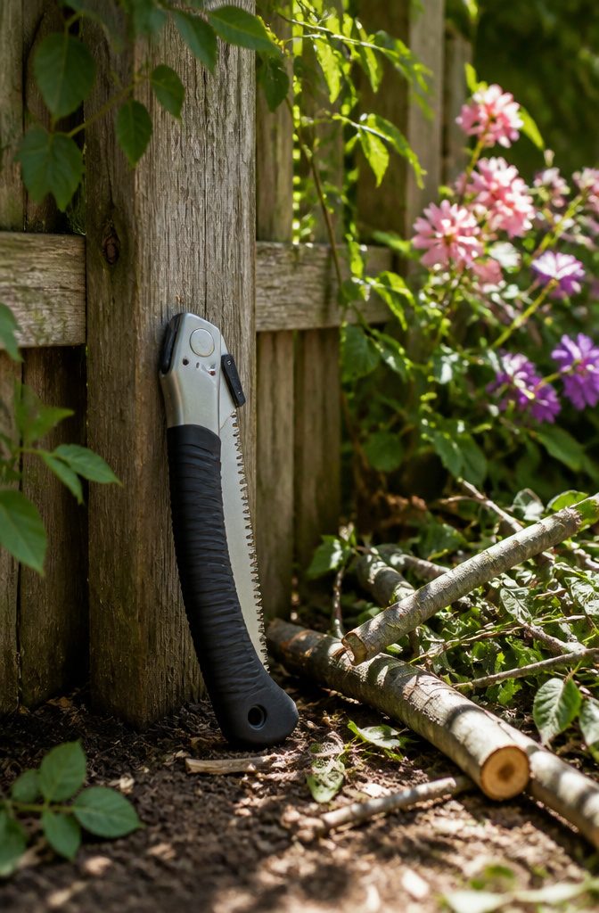 Folding Pruning Saw with a 10-inch blade propped against a wooden fence.