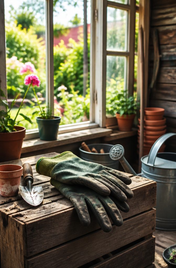 A pair of Gardening Gloves resting on a crate in a garden shed.