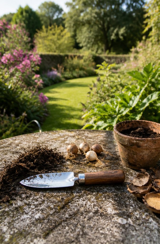 Hori Hori knife with a stainless steel blade on a stone table with soil.