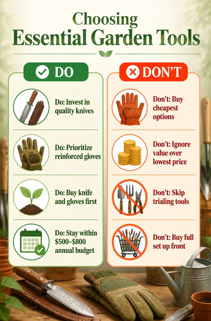 Choosing essential garden tools including a Hori Hori knife and gloves.