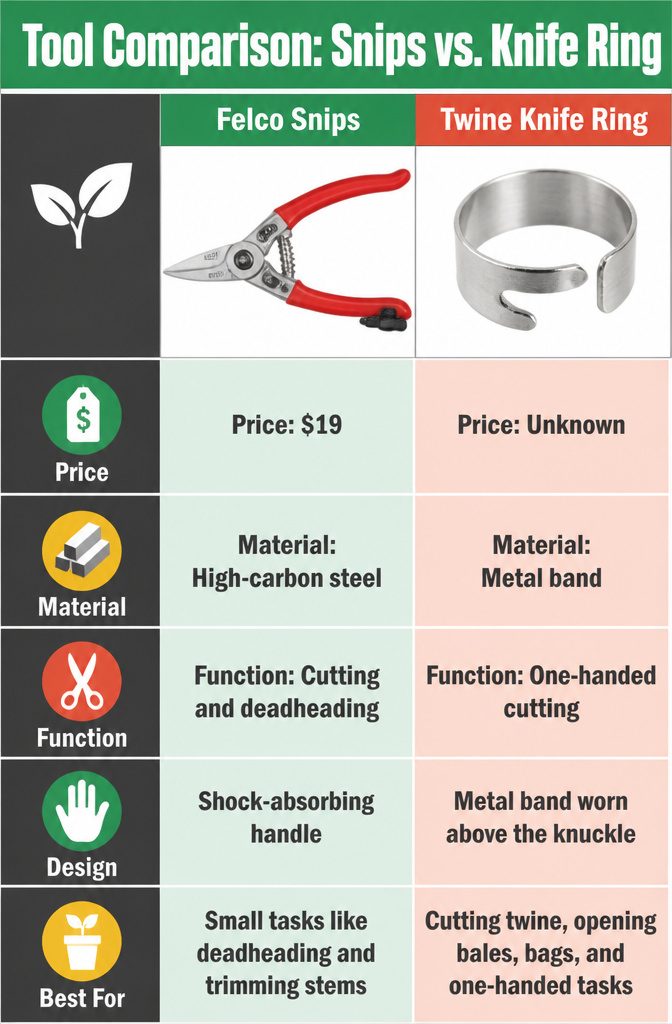 Comparison of garden snips and a twine knife ring on a flat surface.
