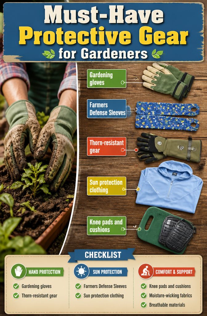 An image showing must-have protective gear for gardeners, including gloves and sleeves.