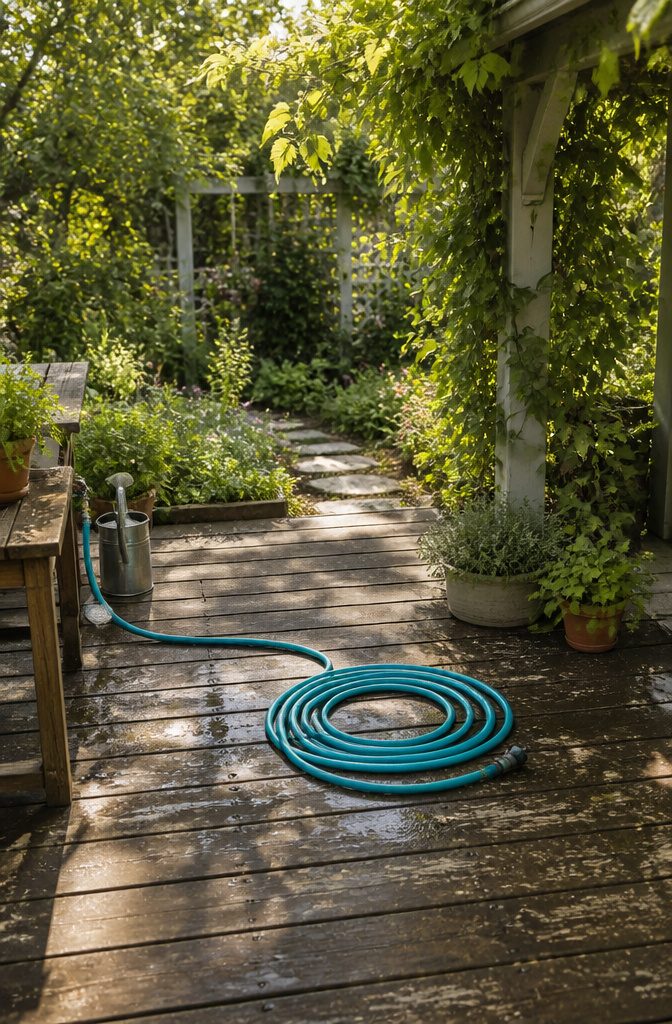 Water Right Hose coiled neatly, showing its thin diameter and flexibility.
