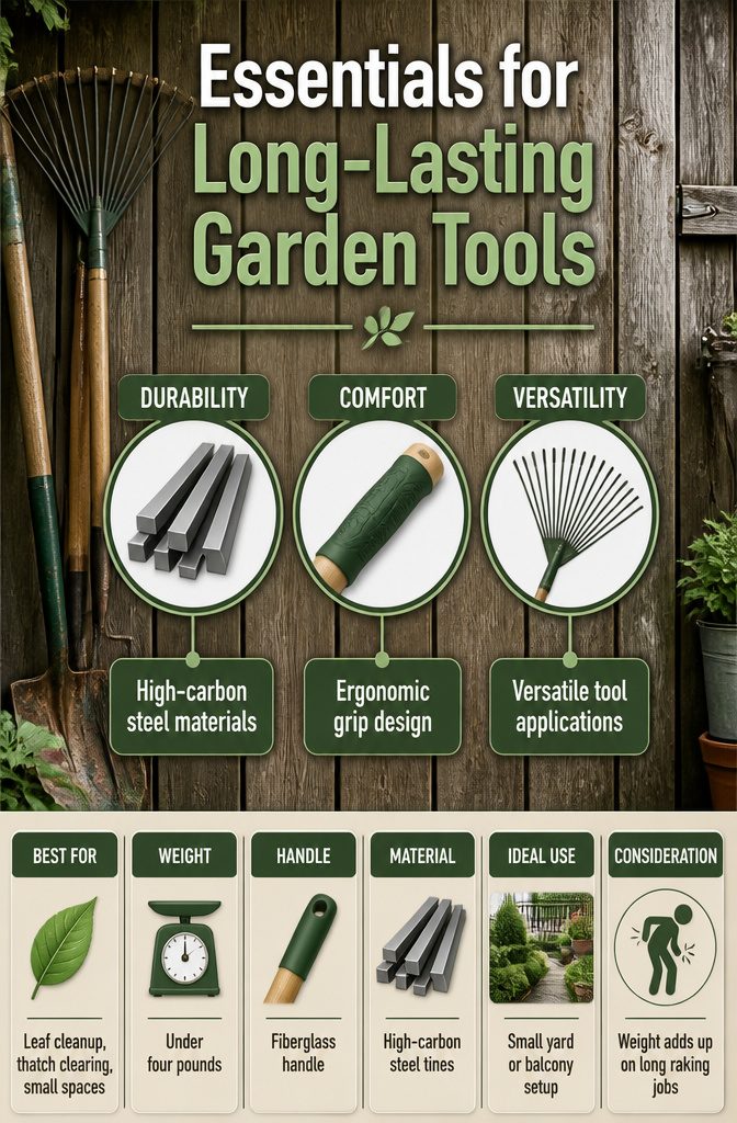An information image illustrating essentials for long-lasting garden tools.