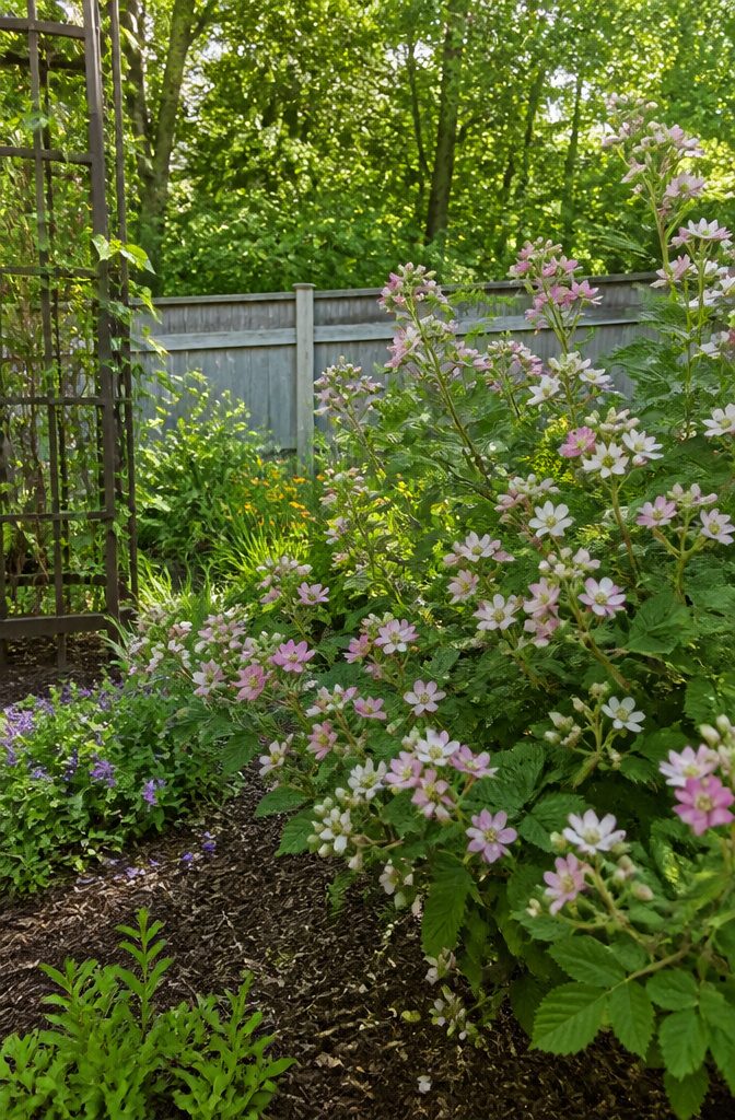 Shrubs for Pollinators: Bees, Butterflies and Beyond 29 Blackberry shrub with white and pink flowers in full bloom.
