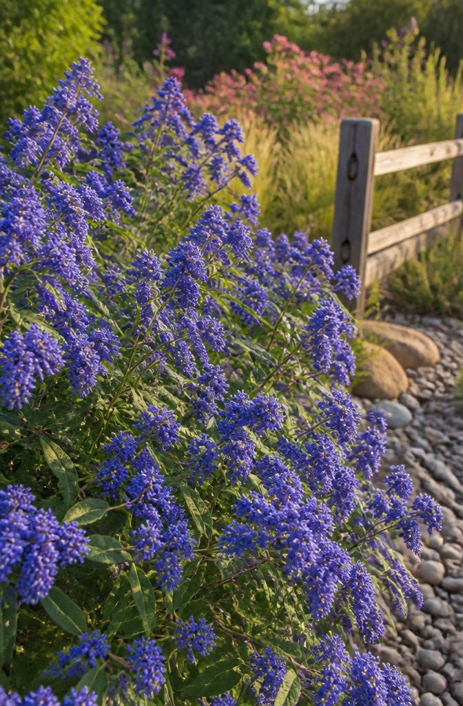 Shrubs for Pollinators: Bees, Butterflies and Beyond 25 Bluebeard shrub covered in small blue flowers in a garden.