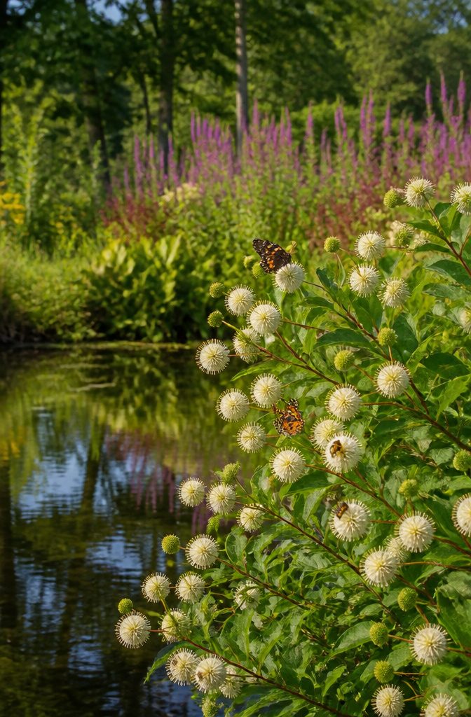 Shrubs for Pollinators: Bees, Butterflies and Beyond 14 Buttonbush with round flower heads blooming near a pond.