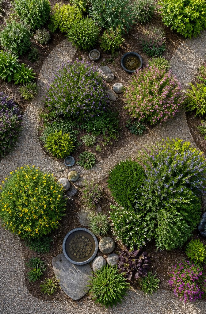 Shrubs for Pollinators: Bees, Butterflies and Beyond 31 Diagram illustrating clustered shrubs in a garden layout.