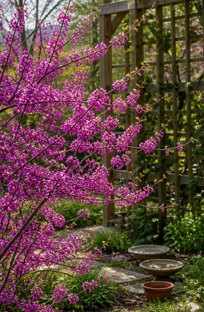 Shrubs for Pollinators: Bees, Butterflies and Beyond 20 Eastern redbud tree with rose-purple flowers on bare branches.