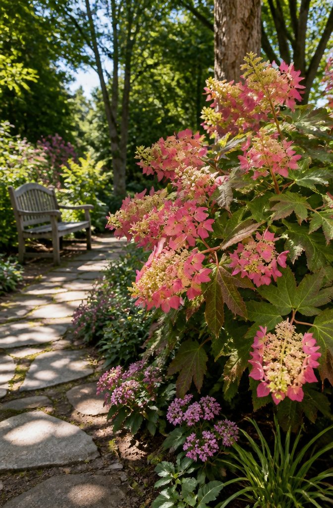 Shrubs for Pollinators: Bees, Butterflies and Beyond 8 Gatsby Pink Oakleaf Hydrangea with lacecap blooms in a garden.