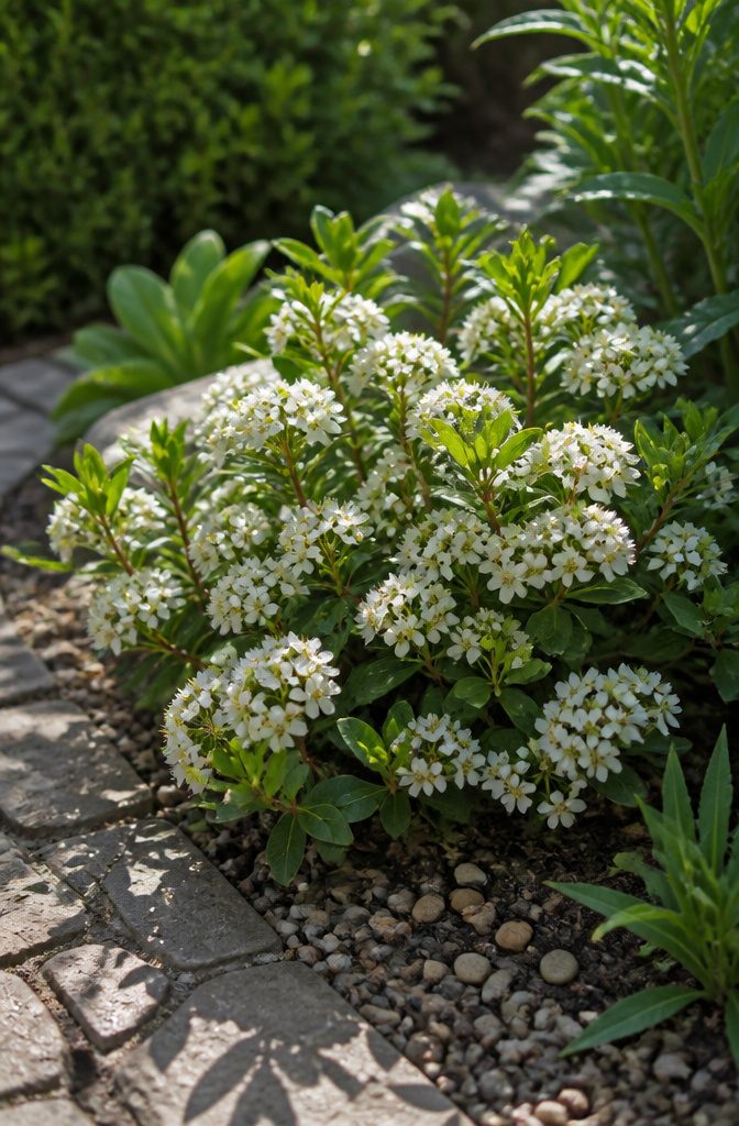 Shrubs for Pollinators: Bees, Butterflies and Beyond 4 Ground Hug™ aronia shrub with white flowers in a garden.