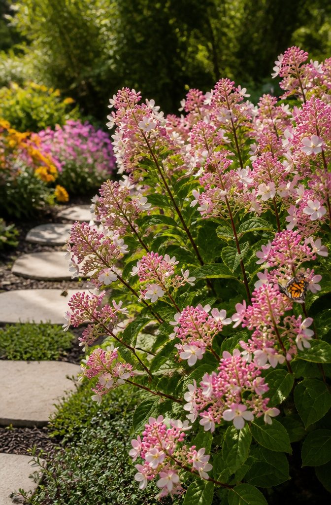 Shrubs for Pollinators: Bees, Butterflies and Beyond 10 Little Quick Fire® panicle hydrangea with lacecap flowers in bloom.