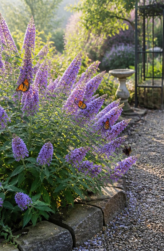 Shrubs for Pollinators: Bees, Butterflies and Beyond 5 'Miss Violet' butterfly bush with purple blooms in a small garden.