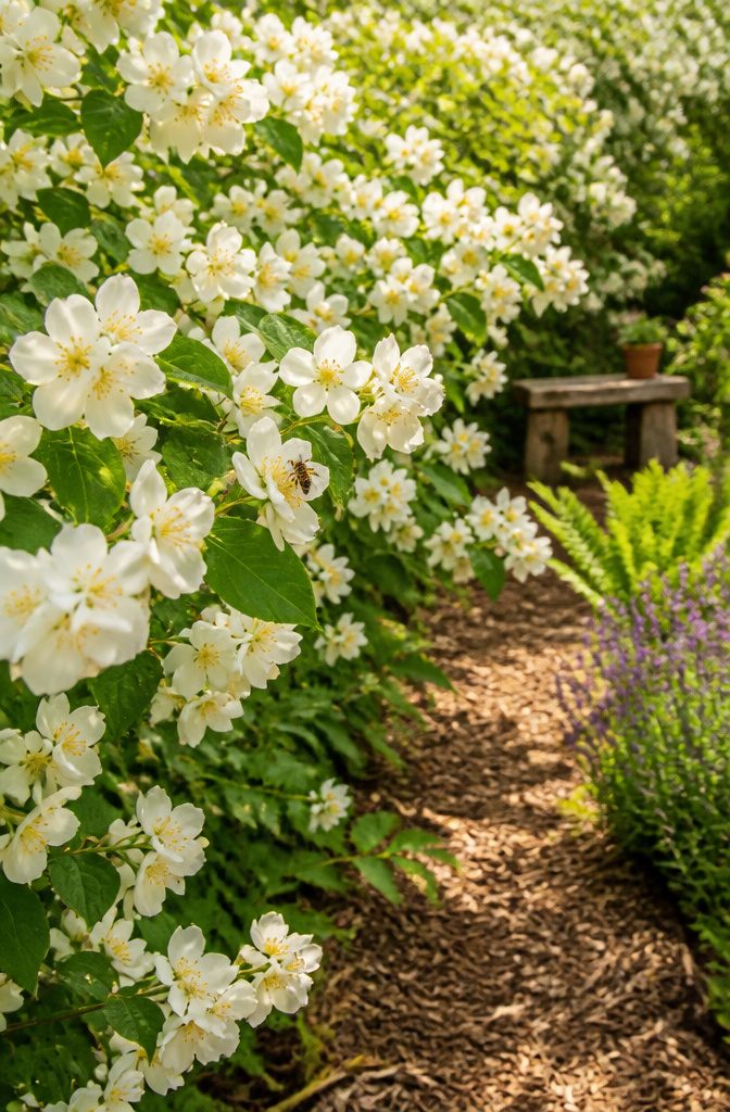 Shrubs for Pollinators: Bees, Butterflies and Beyond 24 Mock orange shrub with white flowers blooming in late spring.