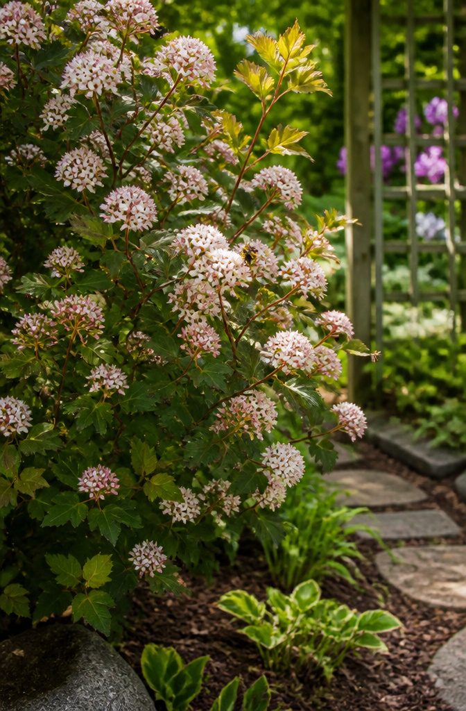 Shrubs for Pollinators: Bees, Butterflies and Beyond 18 Common ninebark shrub with clusters of white to pink flowers.