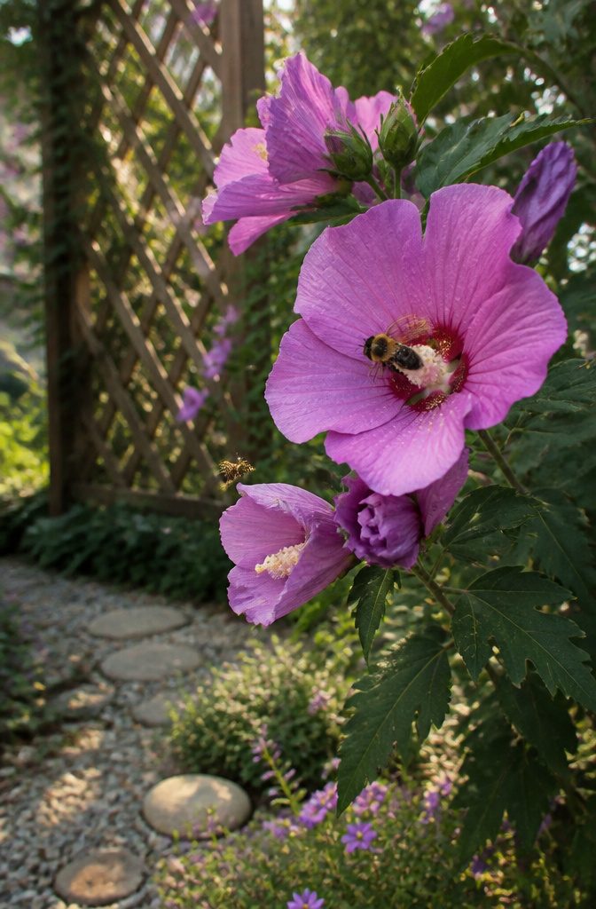 Shrubs for Pollinators: Bees, Butterflies and Beyond 11 Paraplu Pink Ink Rose of Sharon with pink-lavender flowers in a garden.