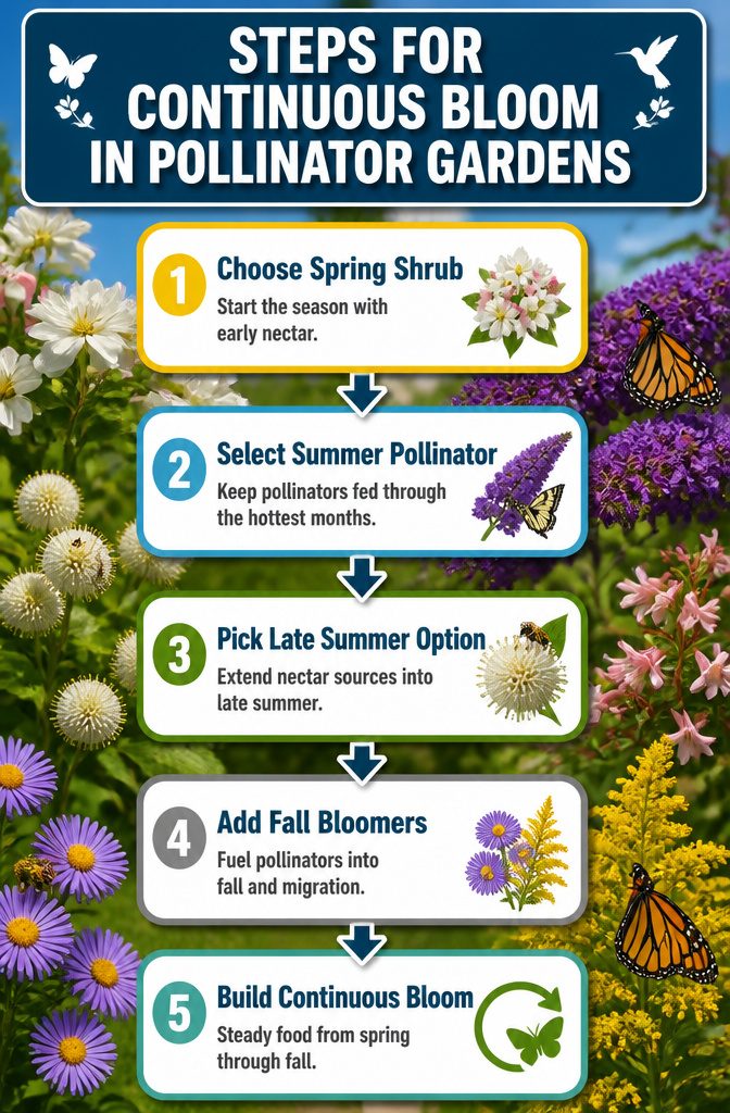 Shrubs for Pollinators: Bees, Butterflies and Beyond 30 Infographic showing steps for continuous bloom in pollinator gardens.