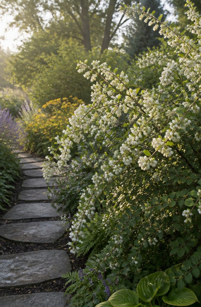 Shrubs for Pollinators: Bees, Butterflies and Beyond 27 Snowberry shrub with small bell-shaped flowers and white berries.