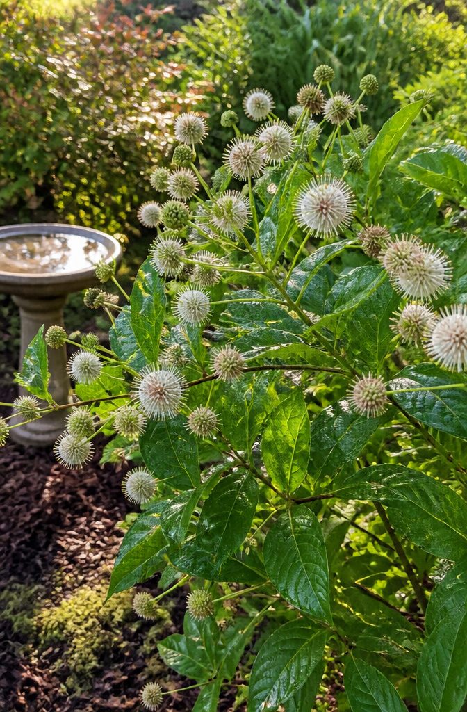 Shrubs for Pollinators: Bees, Butterflies and Beyond 6 Sugar Shack® buttonbush with pincushion-like flowers in a garden.