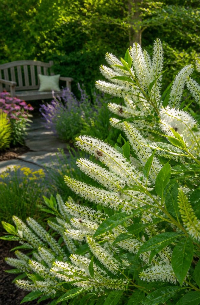 Shrubs for Pollinators: Bees, Butterflies and Beyond 16 Summersweet shrub with white and pink flower spikes in bloom.