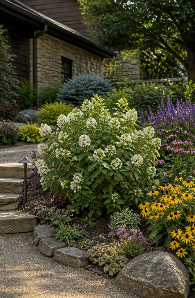 Shrubs for Pollinators: Bees, Butterflies and Beyond 22 Viburnum shrub with flat-topped clusters of white flowers.