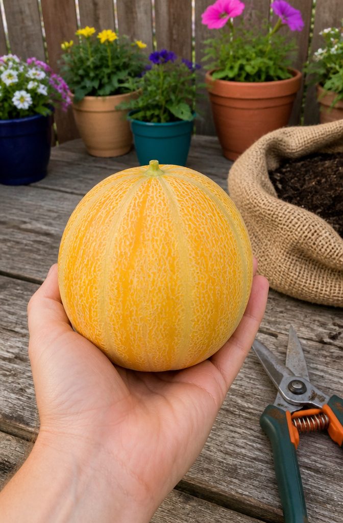 Snapped Mini Melons: Golden Jenny, Minnesota Midget, Sleeping Beauty & More 3 A Sleeping Beauty melon resting in a hand, showcasing its small size.