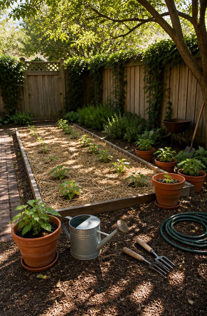 Snapped Mini Melons: Golden Jenny, Minnesota Midget, Sleeping Beauty & More 6 A garden bed prepared for planting mini melons with compost and mulch.