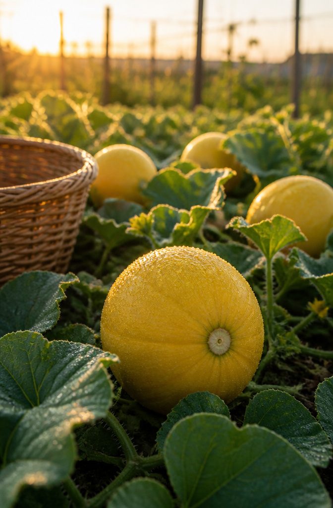 Snapped Mini Melons: Golden Jenny, Minnesota Midget, Sleeping Beauty & More 7 A close-up of a ripe mini melon with lush green leaves around it.